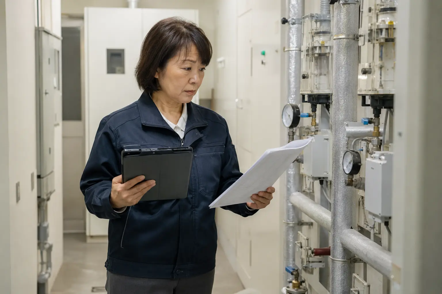 不動産管理会社の担当者が建物設備を現地確認するイメージ