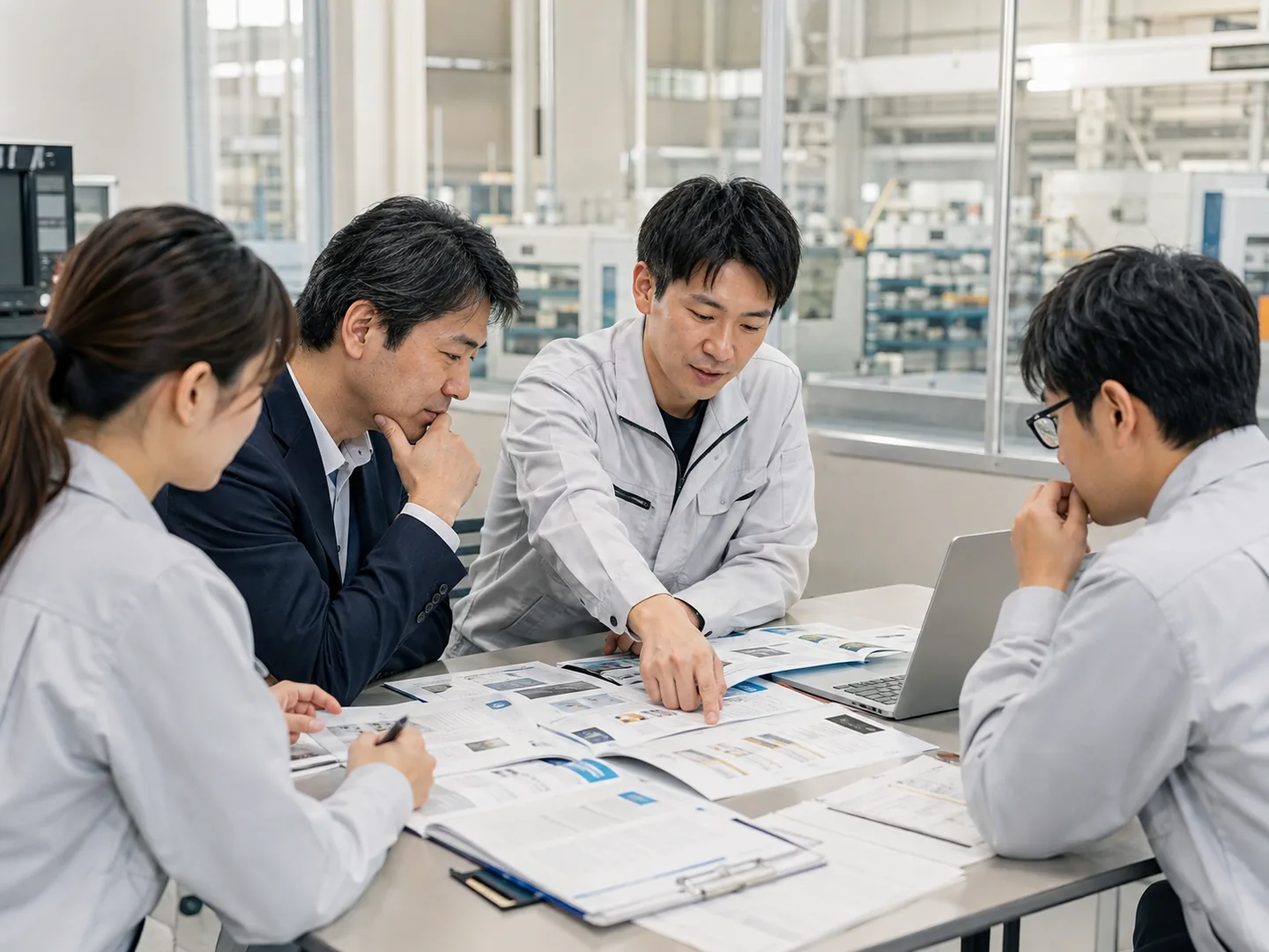 現場担当者と管理者が業務資料を広げ、AI活用候補と優先順位を棚卸しする業務イメージ