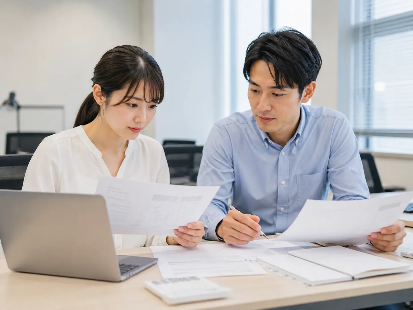 担当者が資料を確認し、生成AIの利用ルールと承認条件を整理する業務イメージ