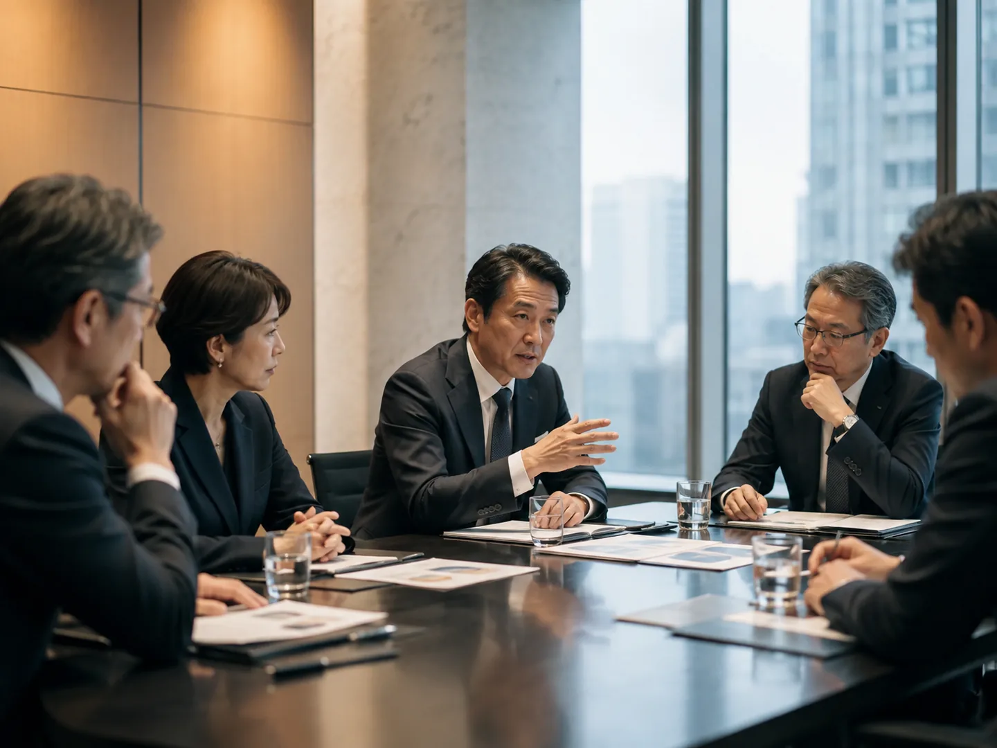 経営層と推進担当者が資料を確認し、生成AIの全社展開と利用定着を検討する業務イメージ