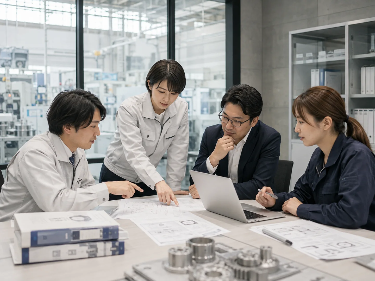 製造業の社員が生成AI研修で業務資料を確認するイメージ