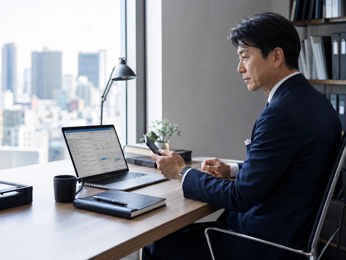 メールや予定を確認する経営者の業務イメージ