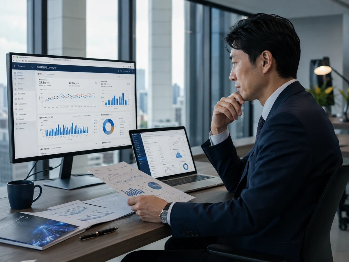 市場や競合の情報を比較する調査担当者の業務イメージ
