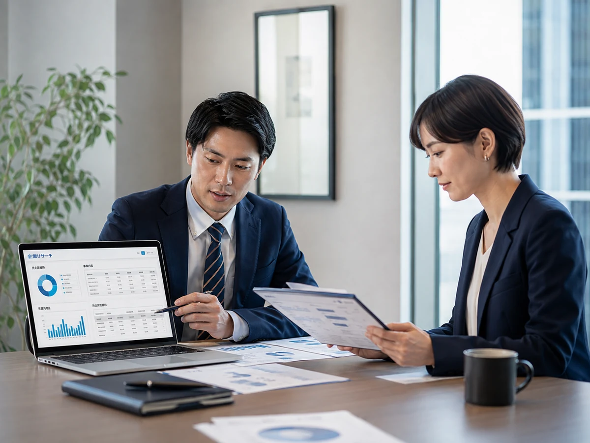 営業担当者が商談資料を確認する打ち合わせの業務イメージ