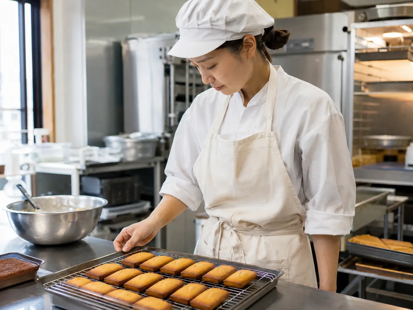 食品・飲料メーカーの製造現場で焼き菓子を仕上げる職人