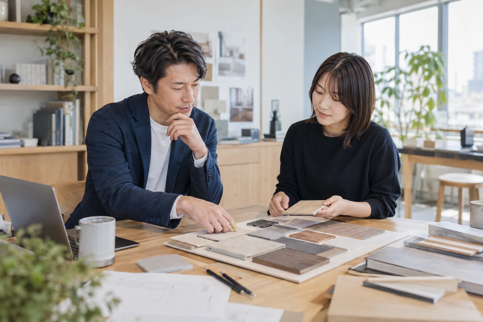 製品へのこだわりを社員同士で確かめる場面のイメージ