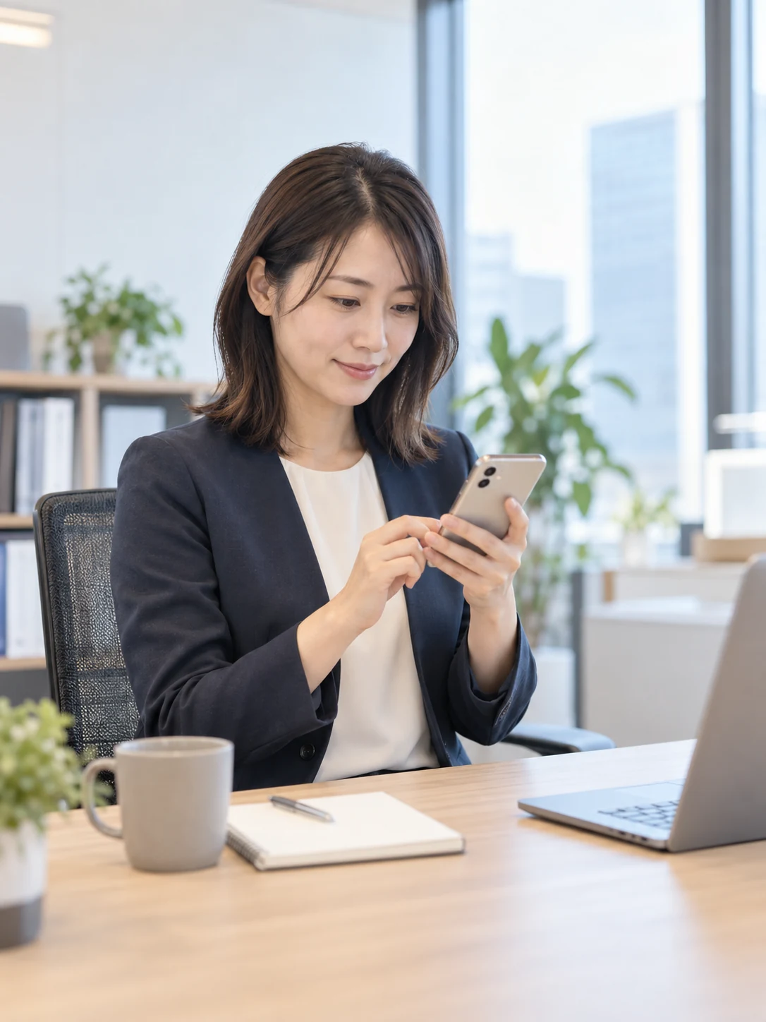 仕事の情報をスマートフォンで発信する社員のイメージ