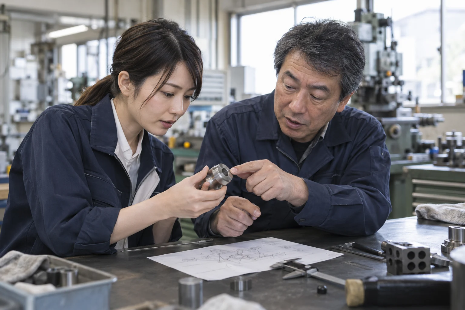 現場の知識や判断基準を話し合う社員のイメージ