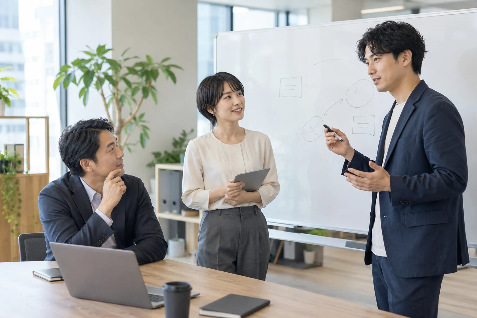 職場で知識を共有し学び合う場面のイメージ