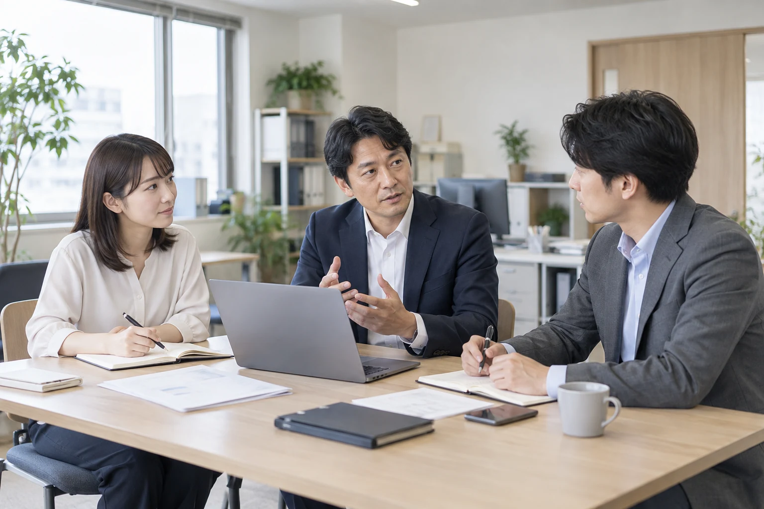 経営者と社員が会社の方針を話し合う場面のイメージ