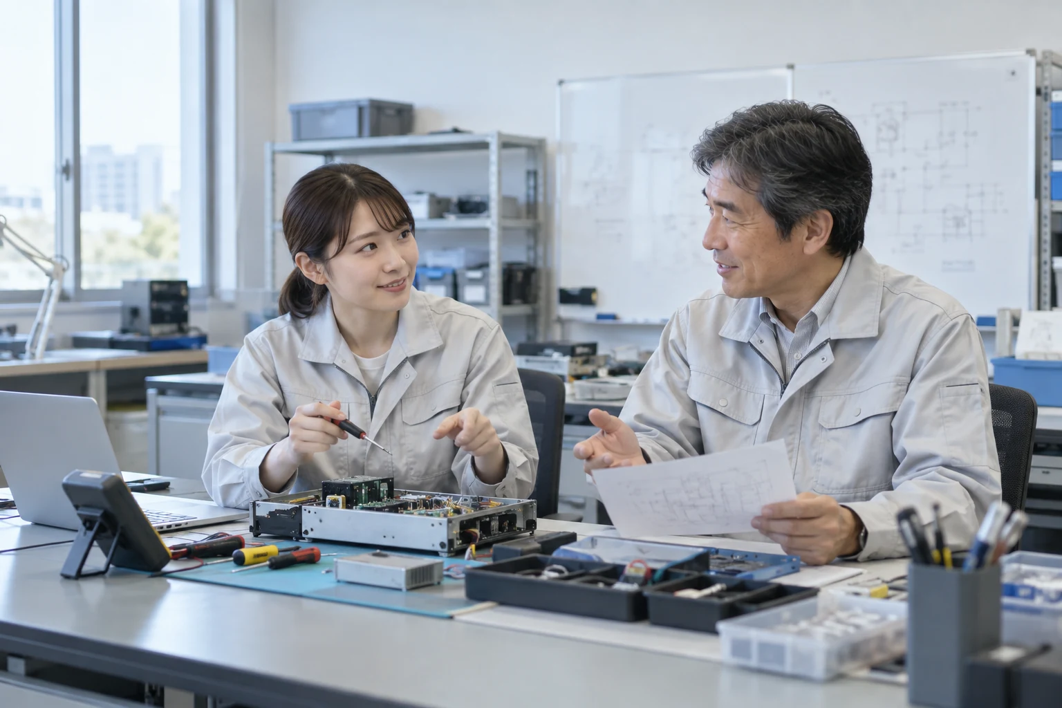 現場の仕事について社員同士が話し合う場面のイメージ
